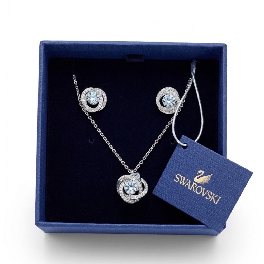 Swarovski Generation Rhodium Plated Blue Crystal Necklace and Earring Set NIB